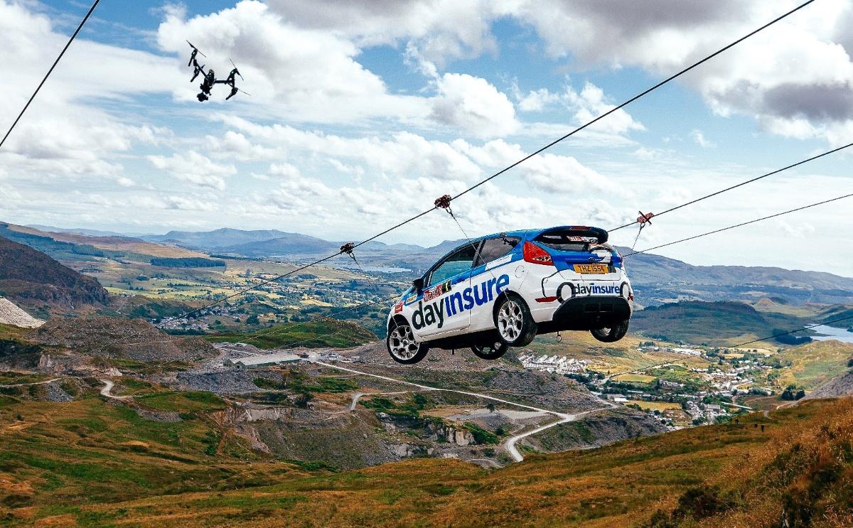 Video: Fiesta rally car completes zip wire stunt for Wales Rally GB
